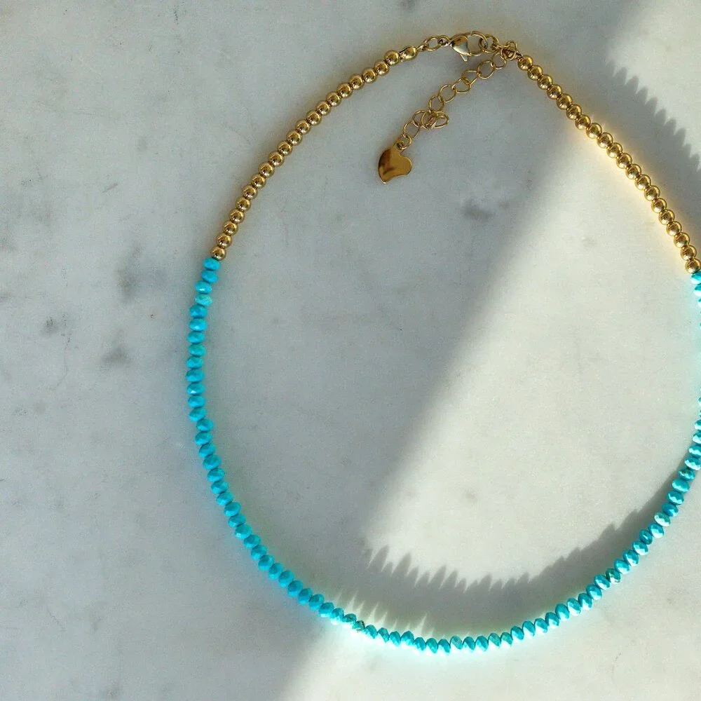 STUNNING Turquoise Beaded Necklace Waterproof Gold Beads & Chain Summer Necklace